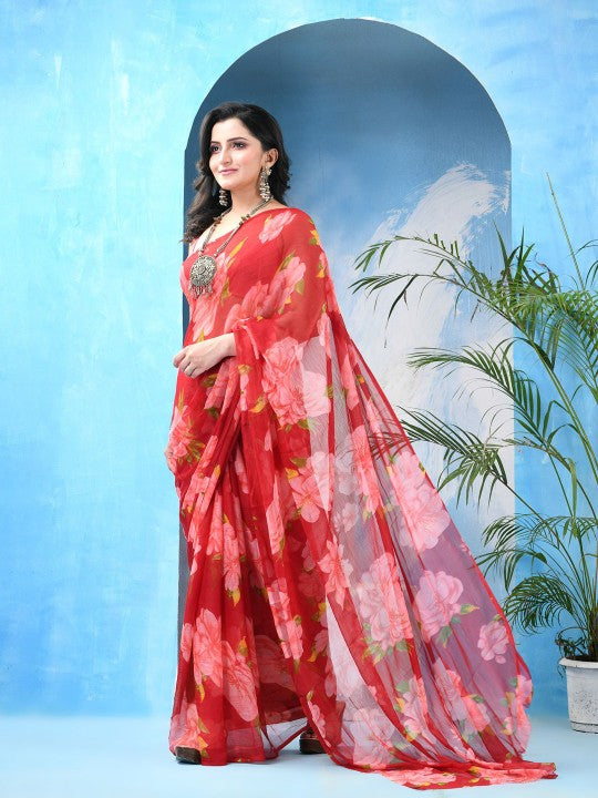 DESH BIDESH Elegant Red Pink Floral Poly Chiffon Saree for Women