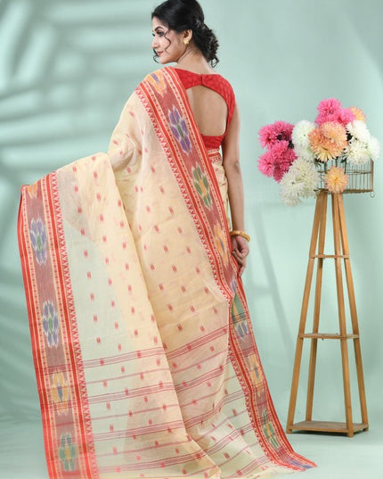 DESH BIDESH Beige & Red Floral Motifs Pure Cotton Saree with Blouse Piece