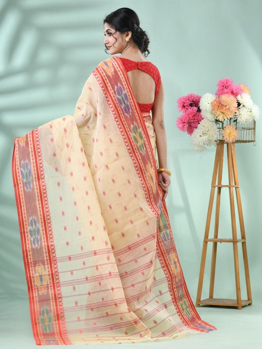 DESH BIDESH Beige & Red Floral Motifs Pure Cotton Saree with Blouse Piece