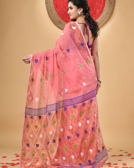 Exquisite Pink & Purple Floral Woven Design Jamdani Saree with Blouse Piece