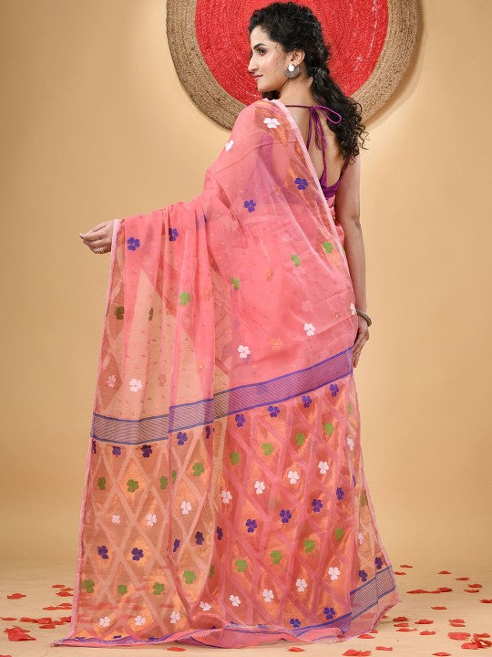 Exquisite Pink & Purple Floral Woven Design Jamdani Saree with Blouse Piece