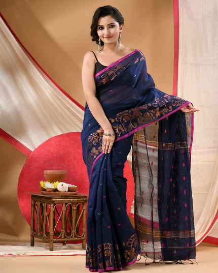 Women cotton silk tant handloom saree mysore party, wear sarees latest, design wedding, banarasi design georgette saree soft silk cotton MidNight Zari sarees for women (Dark Blue)