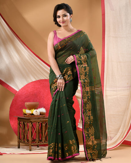 Women cotton silk tant handloom saree mysore party, wear sarees latest, design wedding, banarasi design georgette saree soft silk cotton MidNight Zari sarees for women (Dark Green)