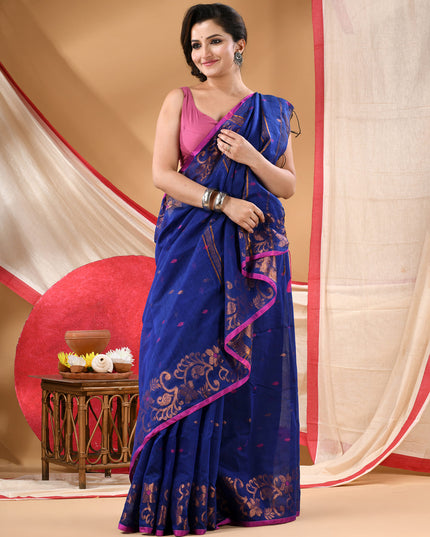 Women cotton silk tant handloom saree mysore party, wear sarees latest, design wedding, banarasi design georgette saree soft silk cotton MidNight Zari sarees for women (Royal Blue)