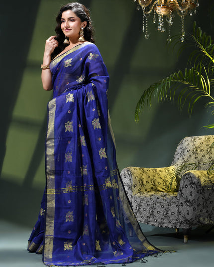 Cotton Silk Party Wear Saree Trendy Design Gulnaz Georgette Chiffon Cotton Saree (Dark Blue)