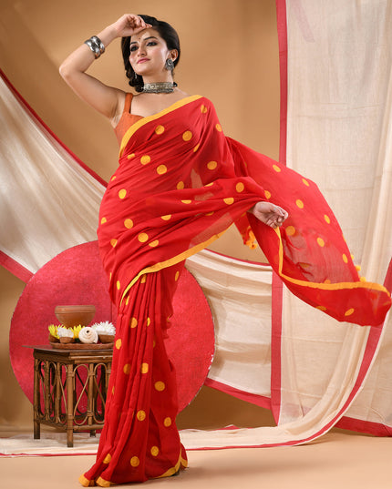 Women cotton handloom mulmul cotton sarees mul cotton sarees for women latest, Nazakat design batik print bandhani malmal linen office daily, party, wear sarees for women (Red Yellow)