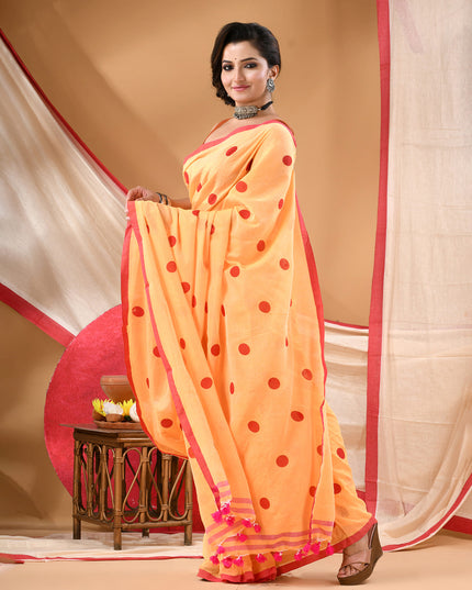 Women cotton handloom mulmul cotton sarees mul cotton sarees for women latest, Nazakat design batik print bandhani malmal linen office daily, party, wear sarees for women (Yellow Red)