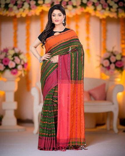 Women`s Traditional Bengali Bengamuri Pure Handloom Cotton Saree With Blouse Piece