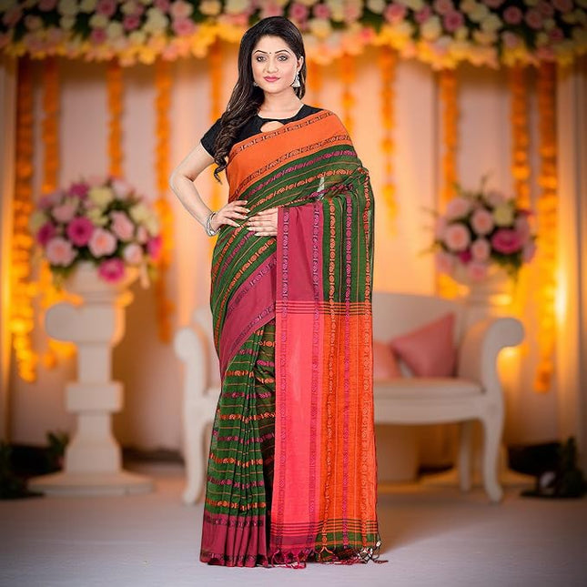Women`s Traditional Bengali Bengamuri Pure Handloom Cotton Saree With Blouse Piece