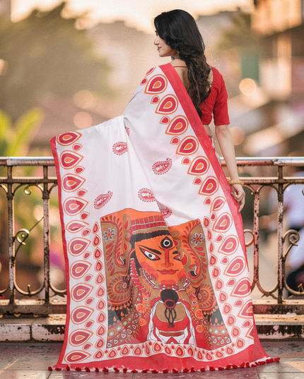 Women`s Bengal Handloom Pure Cotton Saree Dashami Sindur Khela HandPrint Design With Blouse Piece