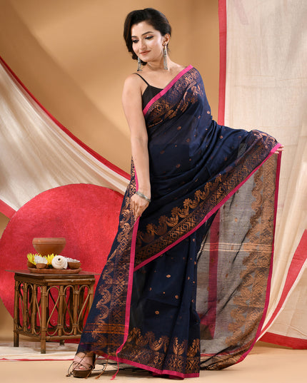 Women cotton silk tant handloom saree mysore party, wear sarees latest, design wedding, kanjivaram georgette chiffon saree soft silk cotton Senzia design sarees for women (Dark Blue)