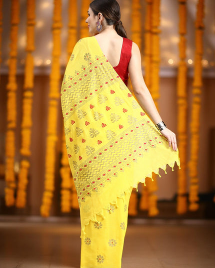 Women`s Bengal Tant Abhrak Work Design Handloom Cotton Saree With Blouse Piece (Yellow)