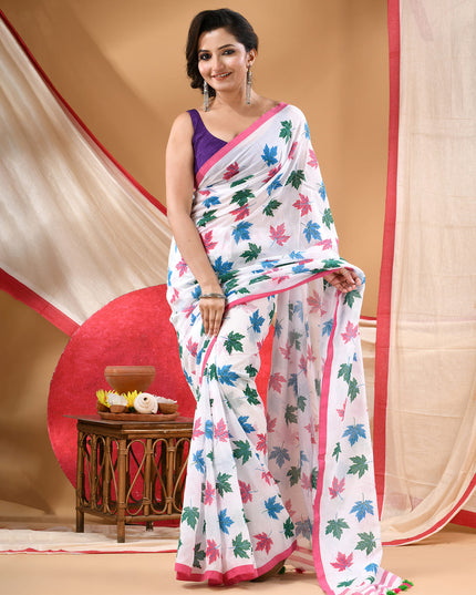 Women cotton handloom mulmul cotton sarees mul cotton sarees for women latest, Patta e Ishq design batik print bandhani malmal linen office daily, party, wear sarees for women (White)