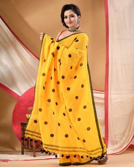 Women cotton handloom mulmul cotton sarees mul cotton sarees for women latest, Nazakat design batik print bandhani malmal linen office daily, party, wear sarees for women (Yellow Black)