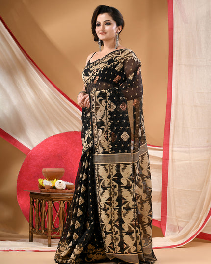 Women's Cotton silk handloom cotton jamdani sarees for women golden party, wear saree latest, Ragini design new, collection tant cotton linen dhakai muslin sarees for women (Black Golden)