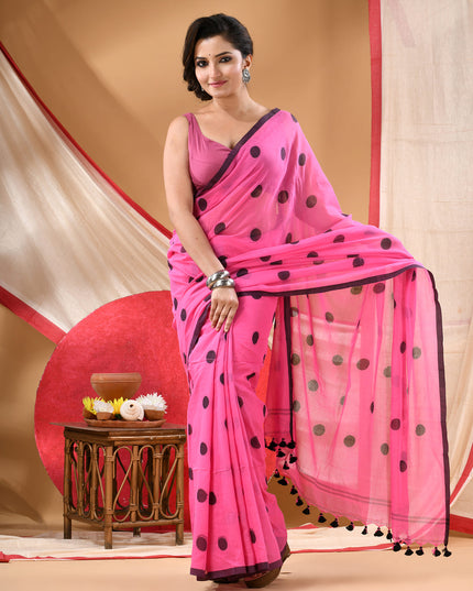 Women cotton handloom mulmul cotton sarees mul cotton sarees for women latest, Nazakat design batik print bandhani malmal linen office daily, party, wear sarees for women (Pink Black)