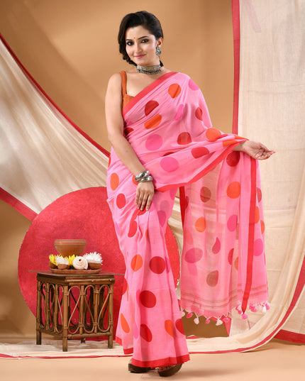 Women cotton handloom mulmul cotton sarees mul cotton sarees for women latest, Mohini design batik print bandhani malmal linen office daily, party, wear sarees for women (Pink)