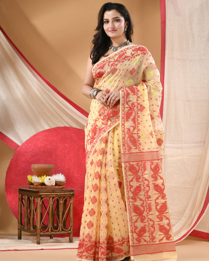 Women's Cotton silk handloom cotton jamdani sarees for women golden party, wear saree latest, Ragini design new, collection tant cotton linen dhakai muslin sarees for women (Cream Gold)