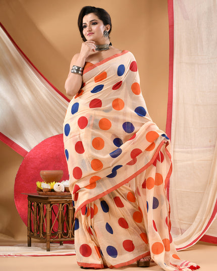 Women cotton handloom mulmul cotton sarees mul cotton sarees for women latest, Mohini design batik print bandhani malmal linen office daily, party, wear sarees for women (Off White Red)