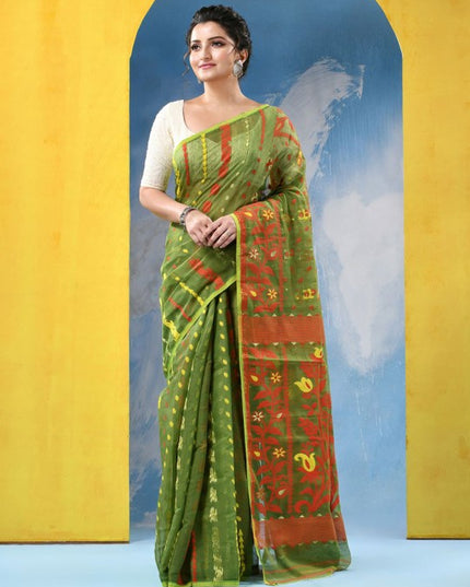 DESH BIDESH Traditional Woven Green Jamdani Saree with Orange Floral Border
