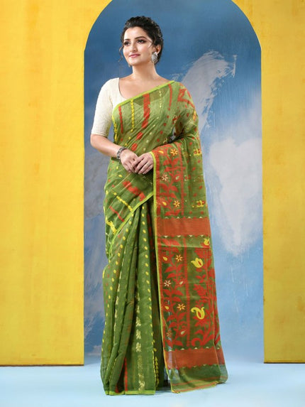 DESH BIDESH Traditional Woven Green Jamdani Saree with Orange Floral Border