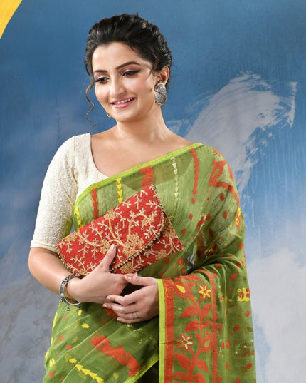 DESH BIDESH Traditional Woven Green Jamdani Saree with Orange Floral Border