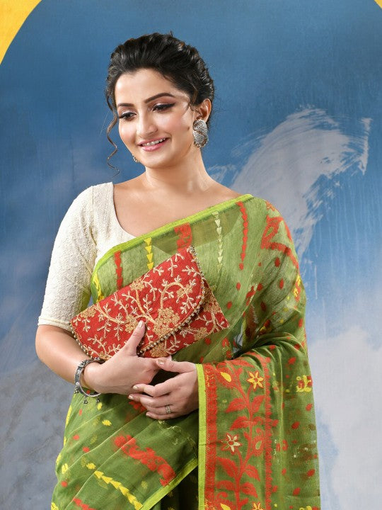 DESH BIDESH Traditional Woven Green Jamdani Saree with Orange Floral Border