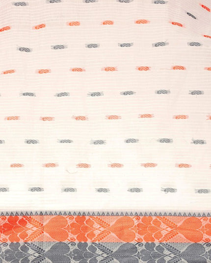 DESH BIDESH White Pure Cotton Taant Saree with Ethnic Motifs and Woven Design Border