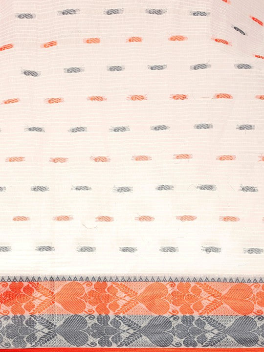 DESH BIDESH White Pure Cotton Taant Saree with Ethnic Motifs and Woven Design Border