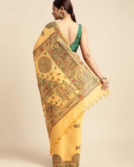 DESH BIDESH Yellow & Green Warli Print Pure Cotton Taant Saree