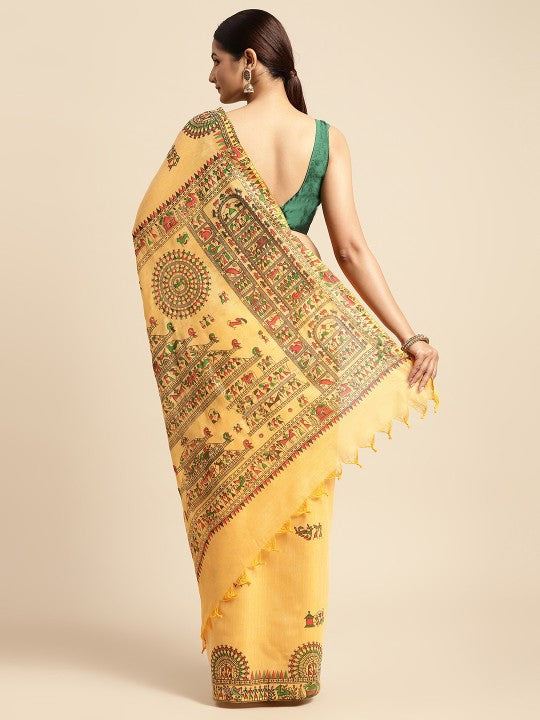 DESH BIDESH Yellow & Green Warli Print Pure Cotton Taant Saree