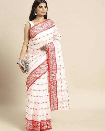 DESH BIDESH Red & White Ethnic Motifs Pure Cotton Taant Saree