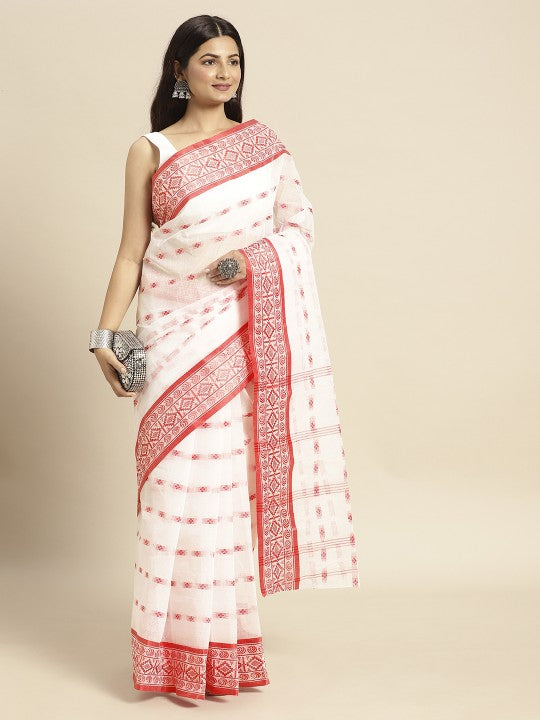 DESH BIDESH Red & White Ethnic Motifs Pure Cotton Taant Saree