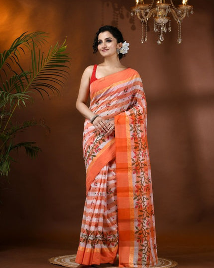 DESH BIDESH Women's Orange & White Pure Cotton Block Print Saree