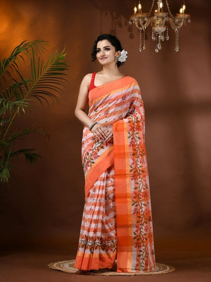DESH BIDESH Women's Orange & White Pure Cotton Block Print Saree
