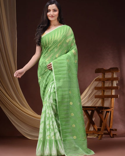 Exquisite DESH BIDESH Pure Cotton Jamdani Saree: Floral Woven Design, Elegant Indian Traditional Attire