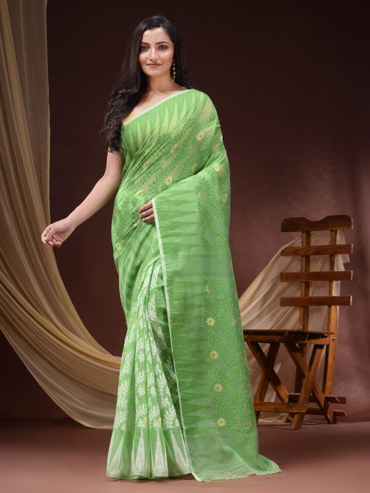 Exquisite DESH BIDESH Pure Cotton Jamdani Saree: Floral Woven Design, Elegant Indian Traditional Attire