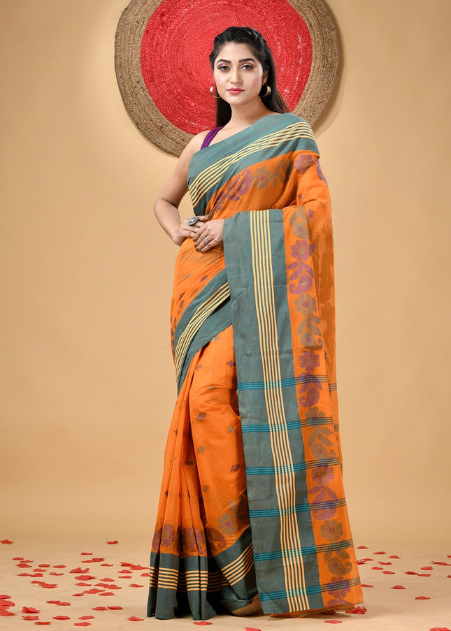 Authentic Ethnic Motifs Woven Design Pure Cotton Taant Saree for Women