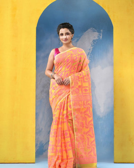 Yellow & Pink Woven Design Jamdani Saree with Solid Border
