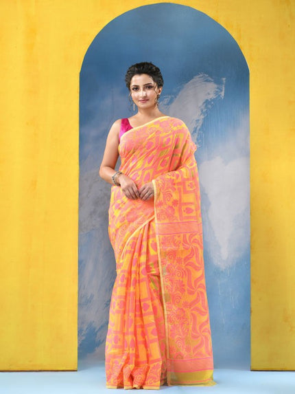 Yellow & Pink Woven Design Jamdani Saree with Solid Border