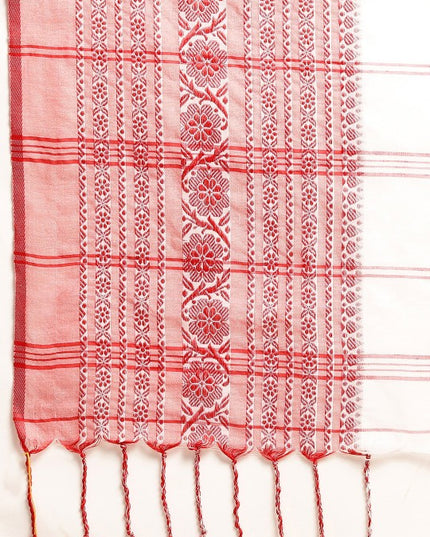 DESH BIDESH White & Red Solid Pure Cotton Taant Saree