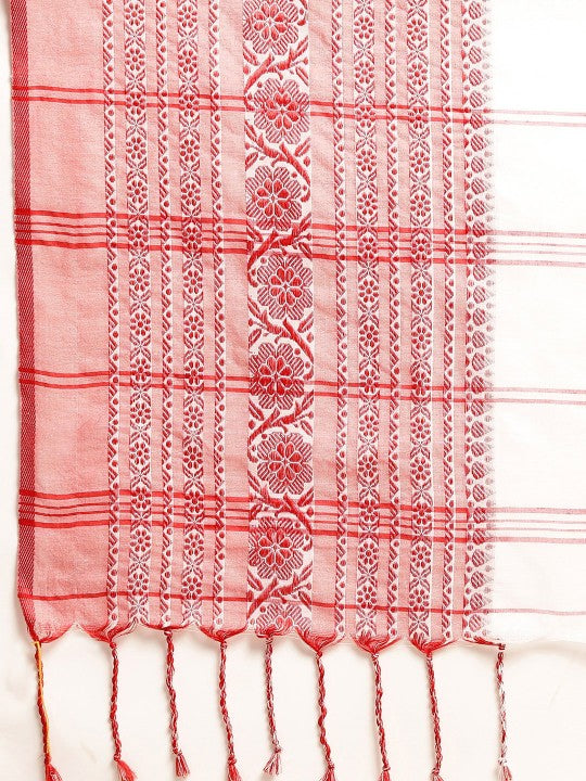 DESH BIDESH White & Red Solid Pure Cotton Taant Saree