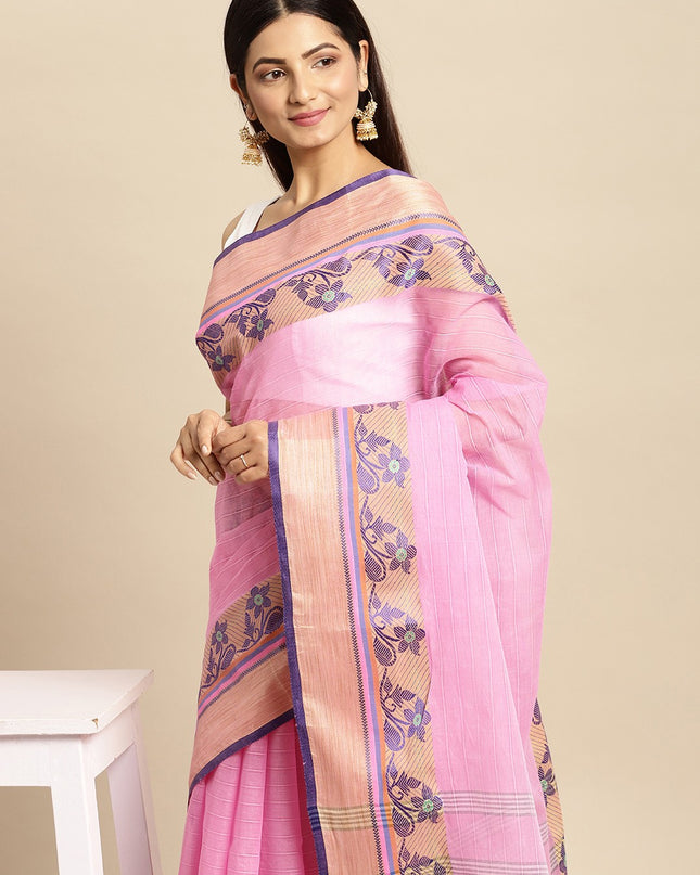 DESH BIDESH Pink Ethnic Motifs Pure Cotton Taant Saree