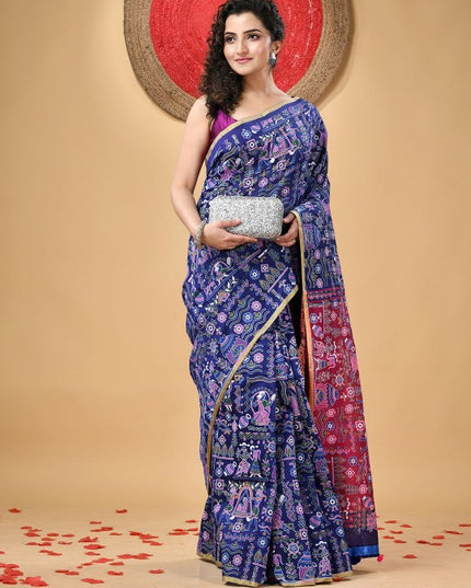 DESH BIDESH Women's Blue & Pink Ethnic Motifs Printed Zari Saree with Blouse Piece