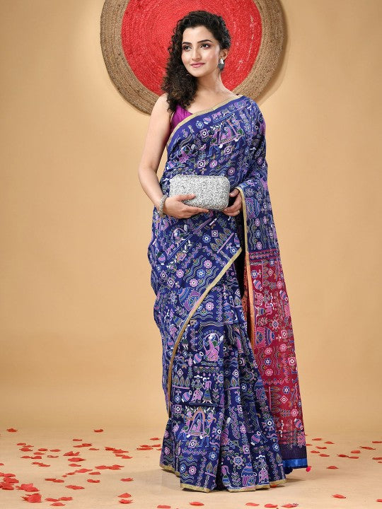 DESH BIDESH Women's Blue & Pink Ethnic Motifs Printed Zari Saree with Blouse Piece