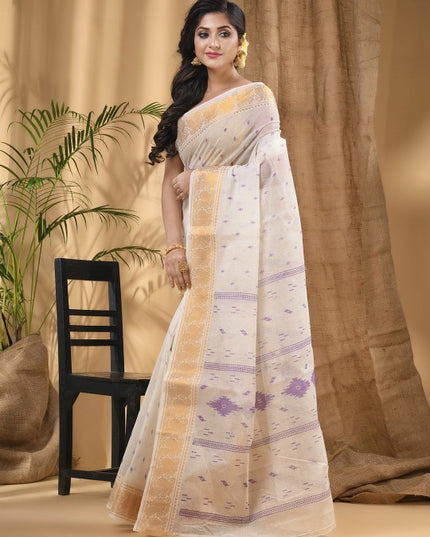 DESH BIDESH White Purple Woven Design Zari Pure Cotton Block Print Saree