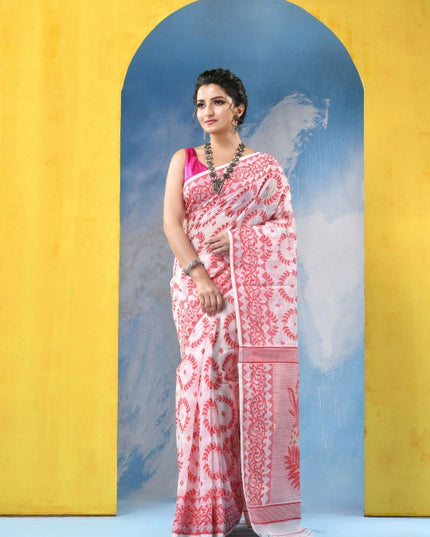 Exquisite Red & White Woven Design Jamdani Saree with Elegant Floral Patterns