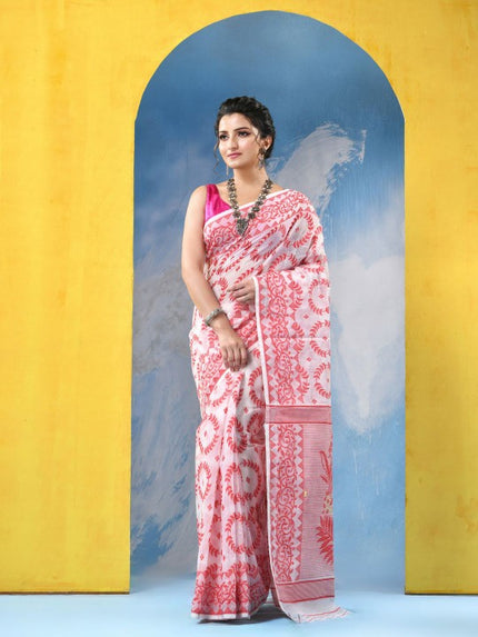 Exquisite Red & White Woven Design Jamdani Saree with Elegant Floral Patterns