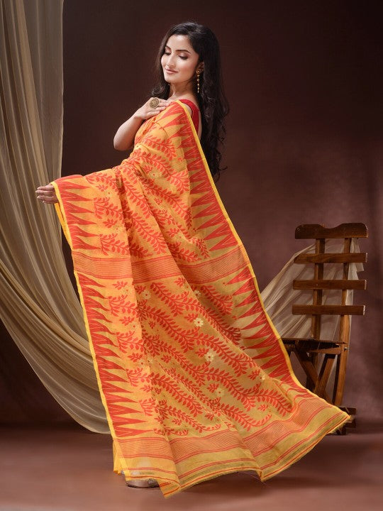 DESH BIDESH Women's Pure Cotton Jamdani Saree: Floral Woven Design, Orange & Mustard