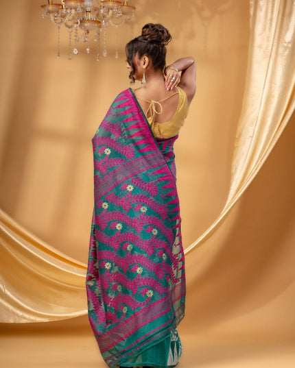 Vibrant Fluorescent Green Pure Cotton Jamdani Saree with Intricate Ethnic Woven Motifs